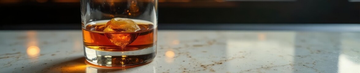 Amber liquid gently laps against the sides of a whiskey glass, luxury, marble slab, sophistication