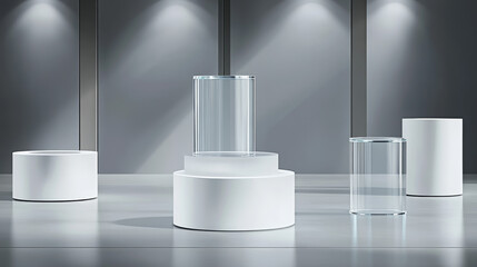 Pedestals from white plastic and glass for display product, exhibit or trophy. Vector realistic set of empty modern podiums different shapes, platforms for showcase, museum or exposition