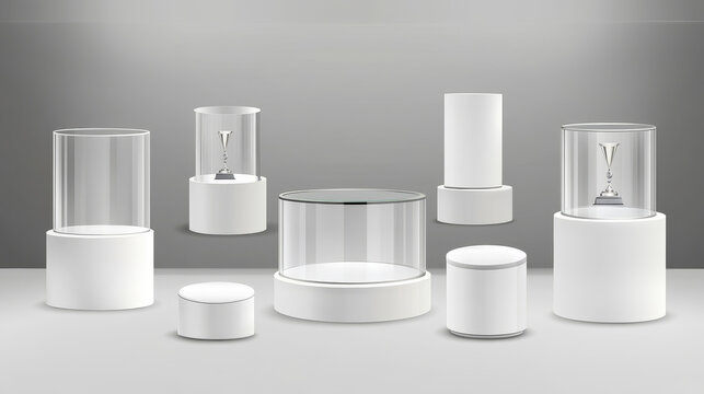 Pedestals from white plastic and glass for display product, exhibit or trophy. Vector realistic set of empty modern podiums different shapes, platforms for showcase, museum or exposition