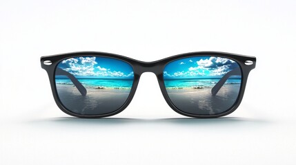 Brilliant sunglasses showcase a stunning beach and turquoise sea, capturing the essence of summer by reflecting the bright sky and gentle waves with intricate clarity