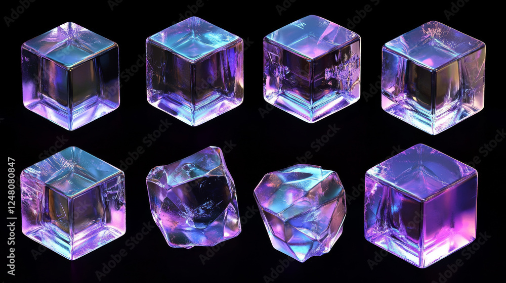 Poster 3d crystal light holographic glass cube vector isolated icon. realistic geometric translucent block 