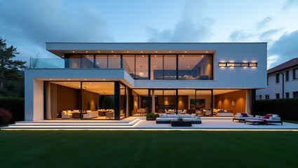 Fototapeta premium A sleek and modern luxury house featuring large glass windows, clean geometric lines, and a minimalist design, set in a beautifully landscaped environment. 