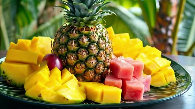 Fresh juicy mango and pineapple chunks served on a plate.
