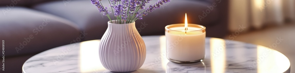 Poster a simple table setting with a vase and candle