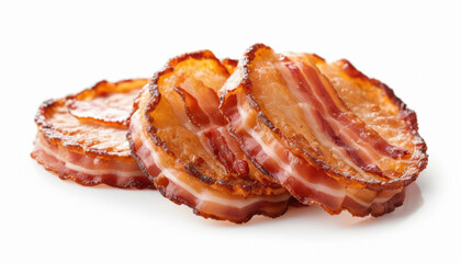 Fried bacon pieces isolated on white background. 