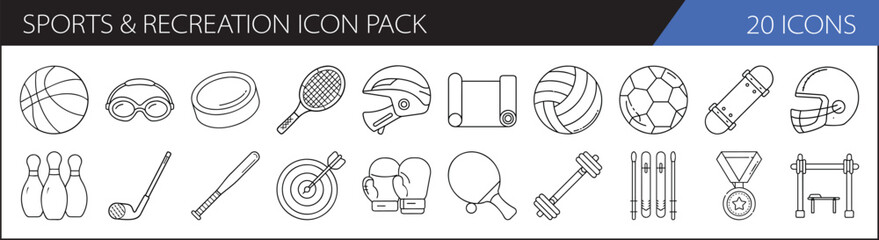 Sports and Recreation Icon Pack Collection - A set of 20 simple, line-style icons representing various sports and recreation activities for digital design projects.

