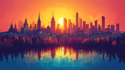 Obraz premium Cityscape sunset reflection autumn lake urban design