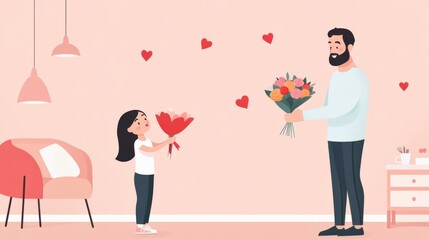 Heartwarming Moment Between Father and Daughter with Flowers and Love Hearts in Cozy Indoor Setting
