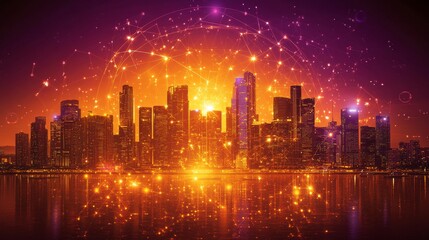 Obraz premium Fiery Cityscape at Night: Urban Explosion of Light and Energy