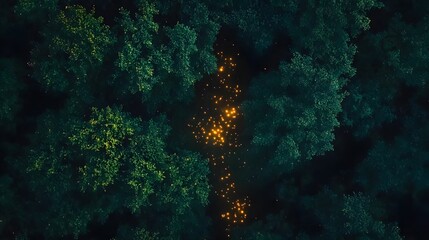 Forest pathway at dusk, warm lights glowing amidst lush greenery, inviting exploration, serene nature atmosphere.