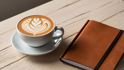 A close-up of a coffee cup with latte art, placed on a wooden table with a notebook. 
