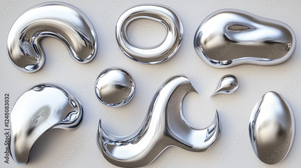 Poster abstract fluid 3d metal shape for y2k design. realistic vector illustration set of chrome liquid blo