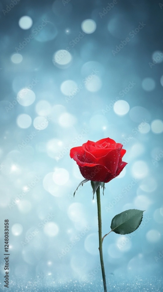 Poster single red rose on blue background with soft bokeh effects creating an elegant and romantic atmosphe