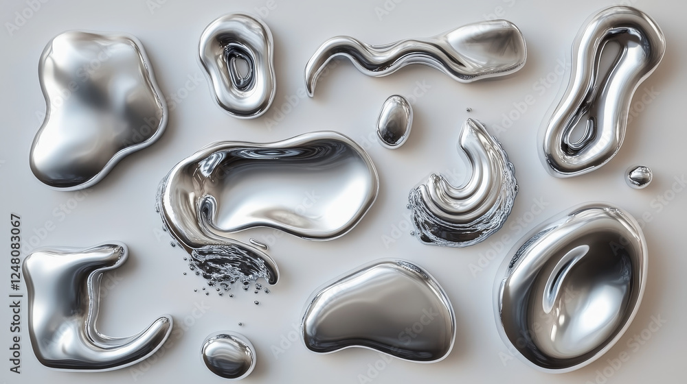 Poster abstract fluid 3d metal shape for y2k design. realistic vector illustration set of chrome liquid blo
