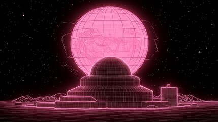 Futuristic Pink Cityscape Underneath a Glowing Celestial Orb Neon Retro Sci Fi Cyberpunk Digital Art