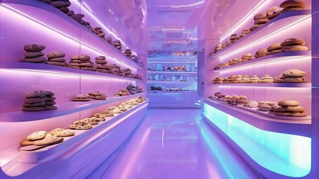 Futuristic bakery interior with shelves of cookies and pastries illuminated by purple and blue neon lights.