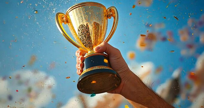 Hand holding gold trophy cup with confetti