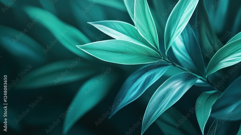 Poster close-up of vibrant green leaves with a soft focus, creating a serene natural atmosphere.