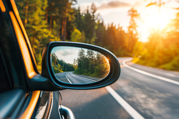 The car mirror reflects the beautiful scenery as the driver cruises down the open road, backlight photography,