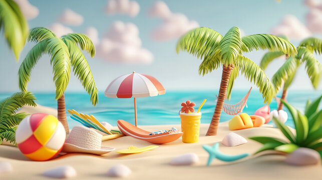 Summer Vacation Beach Paradise Dreamland with palm trees, sea life, ocean, beach, surf boat, umbrella's for summer vacation holiday, abstract beautiful summer beach background.