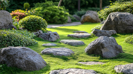 Fototapeta premium Rocks parts and stones with cracked texture in grass. Vector realistic set of 3d granite boulders on green lawn, gray solid mountain cobbles with smooth surface and plants isolated on background
