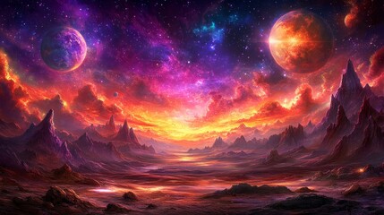 Fototapeta premium FieryCosmicLandscapeFantasyArtDigitalPaintingAbstractSpacePlanetsStarsMountains