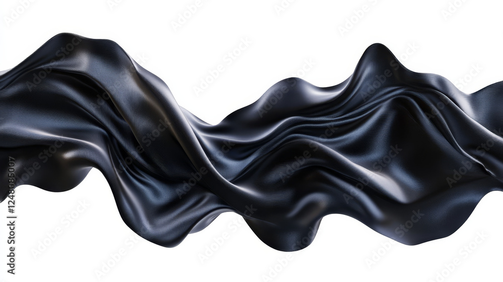 Poster abstract background of black wavy silk or satin. 3d rendering image. image isolated on white backgro