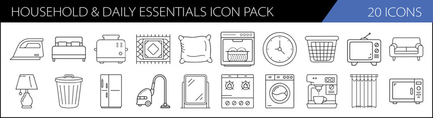 Household and Daily Essentials Icon Pack - A set of 20 simple, line-style icons representing household items and daily essentials for use in graphic and web design.

