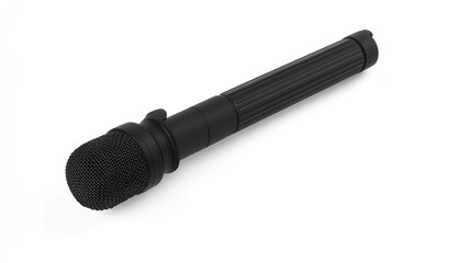 Black Microphone Diagonally Placed on White Background. Studio Equipment and Recording Essentials.