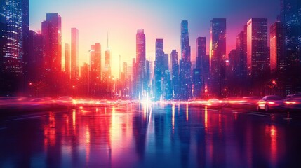 Vibrant Cityscape at Sunset Neon Lights Reflecting on Water Futuristic Urban Panorama