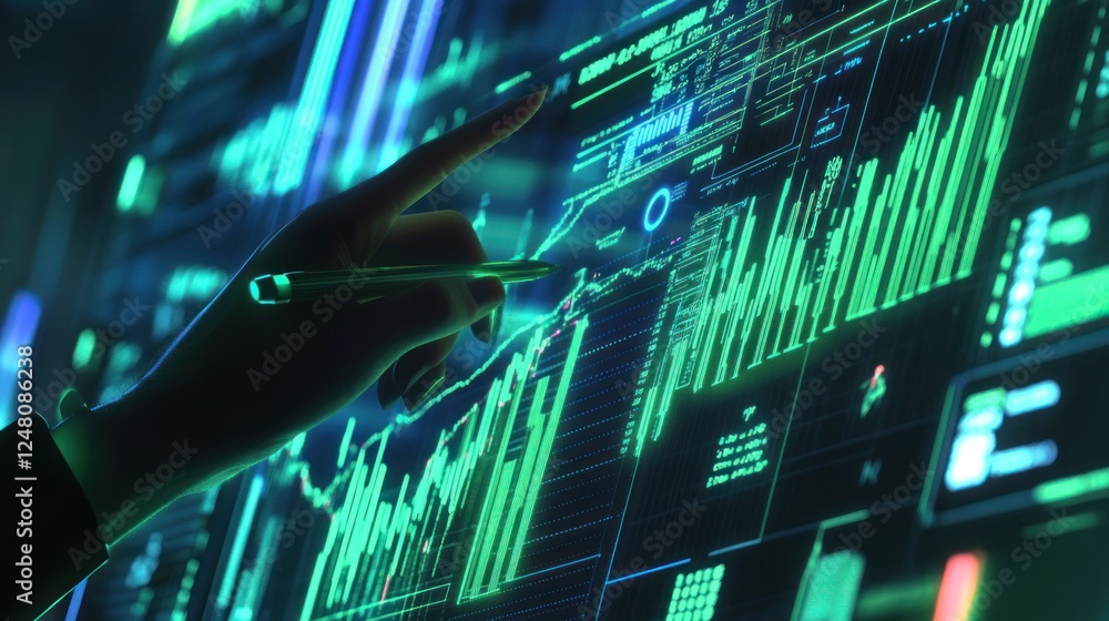 Poster a hand interacting with a futuristic digital interface showing stock market charts and graphs