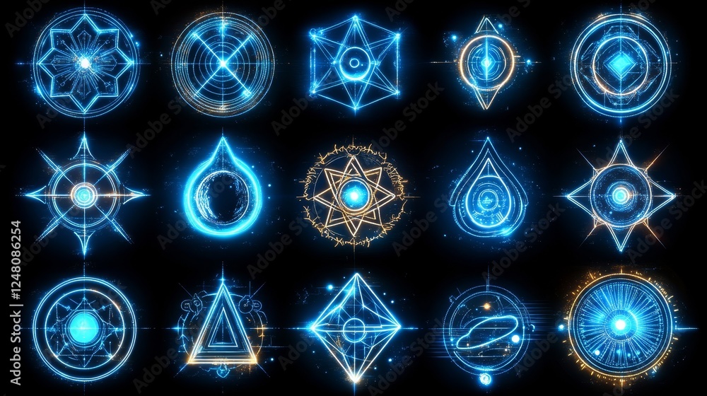 Poster glowing mystical ui elements futuristic energy symbols abstract tech interface design