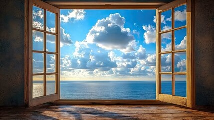 Obraz premium Ocean View Through Open Window: Serene Seascape and Cloudy Sky. A breathtaking coastal landscape, perfect for relaxation and travel inspiration.