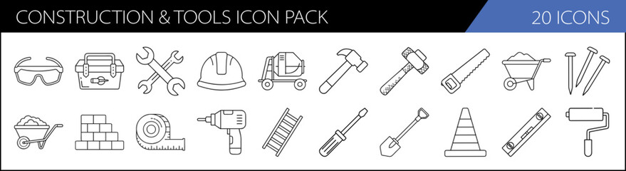 Construction and Tools Icon Pack Collection - A set of 20 simple, line-style icons representing various construction tools, equipment, and safety gear for design purposes.

