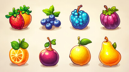 Fruit and berries icons for ui mobile game or casino slot machine. Vector cartoon set of food symbols, blueberry, orange, plum, strawberry, lemon and pear with white stripes