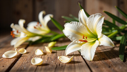 Fototapeta premium Easter lilies in natural light on antique table, seasonal beauty