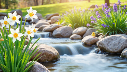 Easter lilies blooming by tranquil stream, serene nature scene