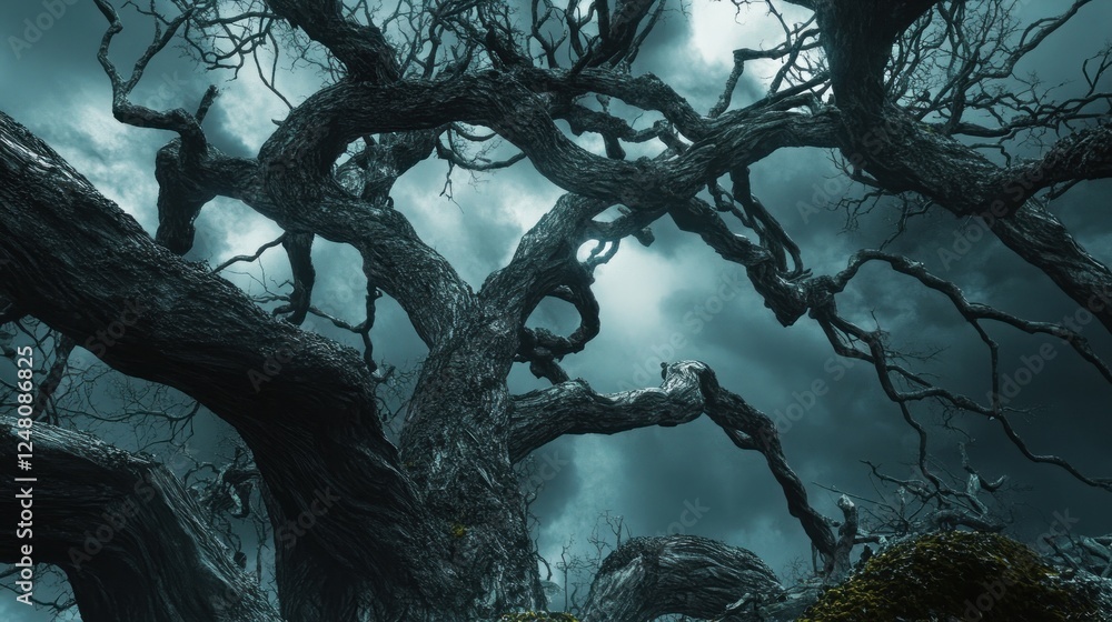 Poster gnarled tree branches stretch against a dark, cloudy sky, creating an eerie atmosphere.