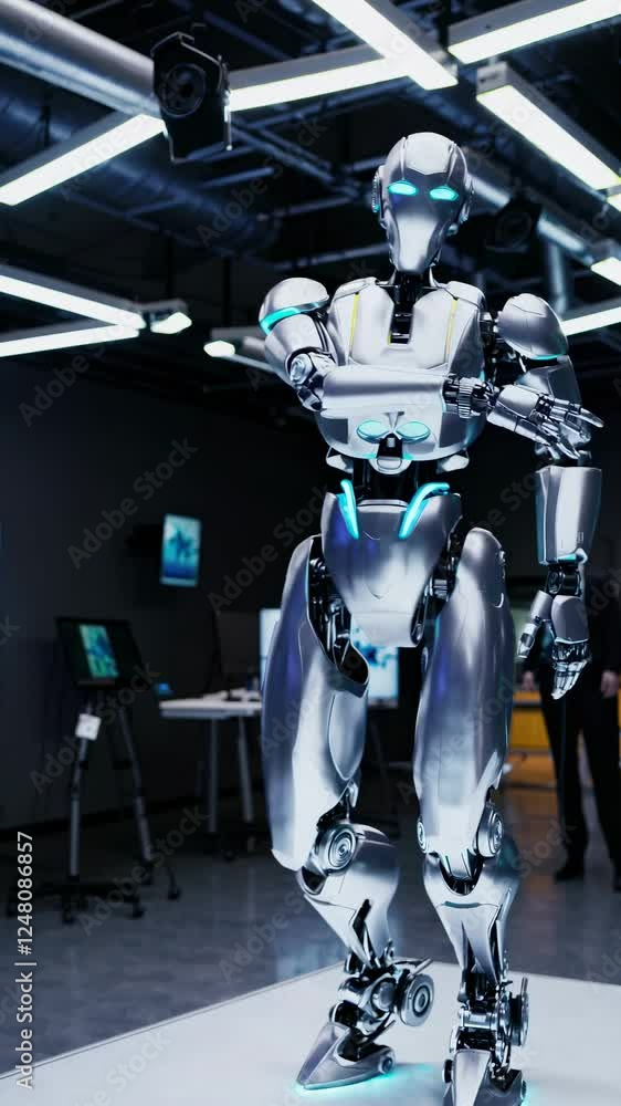 Poster futuristic video showcasing a sleek humanoid robot in a high-tech lab setting, emphasizing innovatio