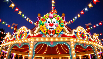 Colorful carnival entrance with clown wreath and festive lights, celebration