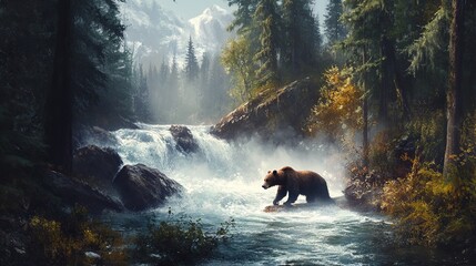 Grizzly bear catching salmon in a rushing river surrounded by dense forest