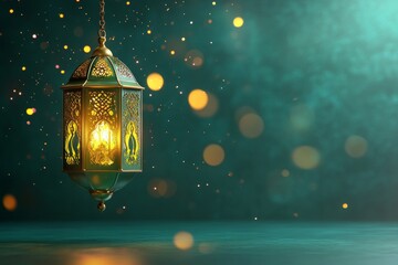 Festive Ramadan Lantern Glows, Teal Background