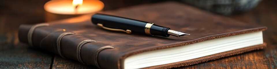 A simple still life featuring a pen, candle, and book