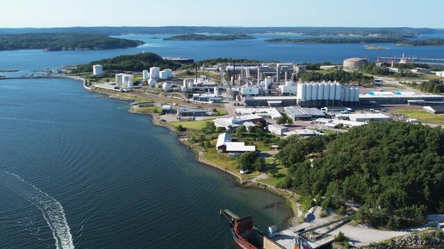 Establishing drone shot of Borealis, Stenungsund industry for polyolefins and base chemicals in Sweden