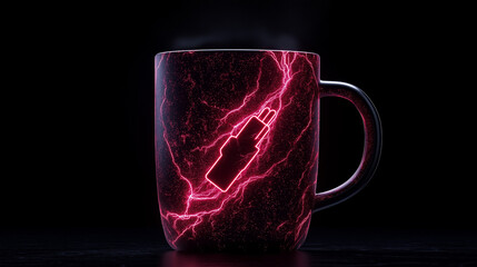Dynamic coffee mug with a lightning design and steam, symbolizing energy boost from caffeine