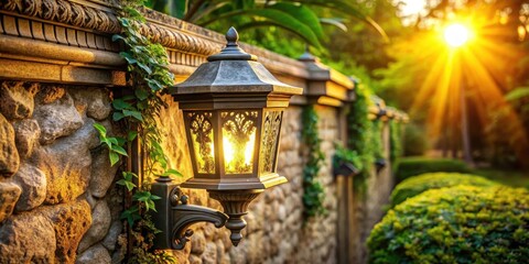 Obraz premium Solar lamp mounted on a weathered outdoor wall with intricate stone carvings and lush greenery surrounding it, set against a warm golden sunlit backdrop at dusk, evening light, nature