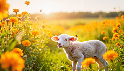 Fototapeta premium Lamb exploring marigolds in sunny countryside, joyful discovery