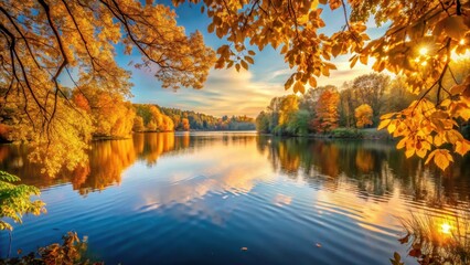 Obraz premium Serene lake surrounded by golden leaves changing colors in autumn, landscape, sunset, landscape, sunset, trees, lake