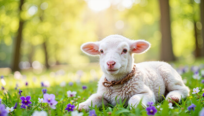 Obraz premium Playful lamb resting among violets in spring woodland, nature's beauty
