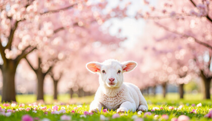 Fototapeta premium Lamb resting under cherry blossoms in park, springtime tranquility